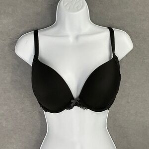 Victoria's Secret Black Lace Trim Push‎ Up Bra 34DD Padded Feminine Romantic